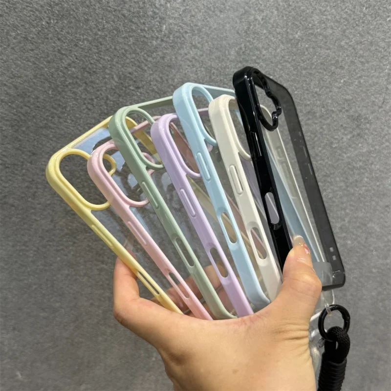 Luxury Candy Color Bumper With Lanyard Phone Case For iPhone 17 16 15 14 13 12 11 Pro Max Plus Clear Acrylic Shockproof Cover
