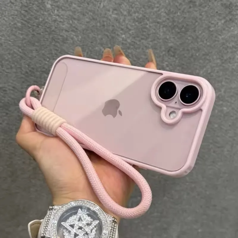 Luxury Candy Color Bumper With Lanyard Phone Case For iPhone 17 16 15 14 13 12 11 Pro Max Plus Clear Acrylic Shockproof Cover