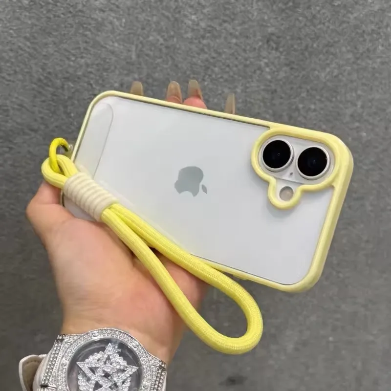 Luxury Candy Color Bumper With Lanyard Phone Case For iPhone 17 16 15 14 13 12 11 Pro Max Plus Clear Acrylic Shockproof Cover