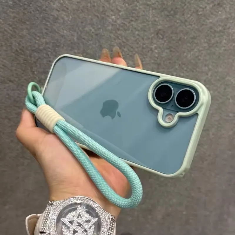 Luxury Candy Color Bumper With Lanyard Phone Case For iPhone 17 16 15 14 13 12 11 Pro Max Plus Clear Acrylic Shockproof Cover