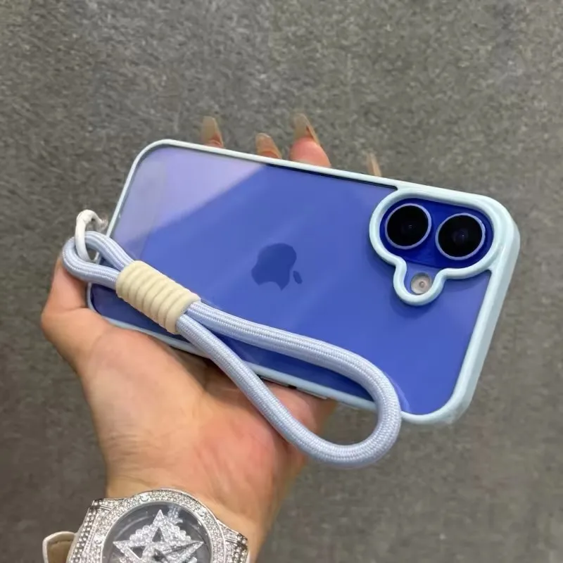 Luxury Candy Color Bumper With Lanyard Phone Case For iPhone 17 16 15 14 13 12 11 Pro Max Plus Clear Acrylic Shockproof Cover