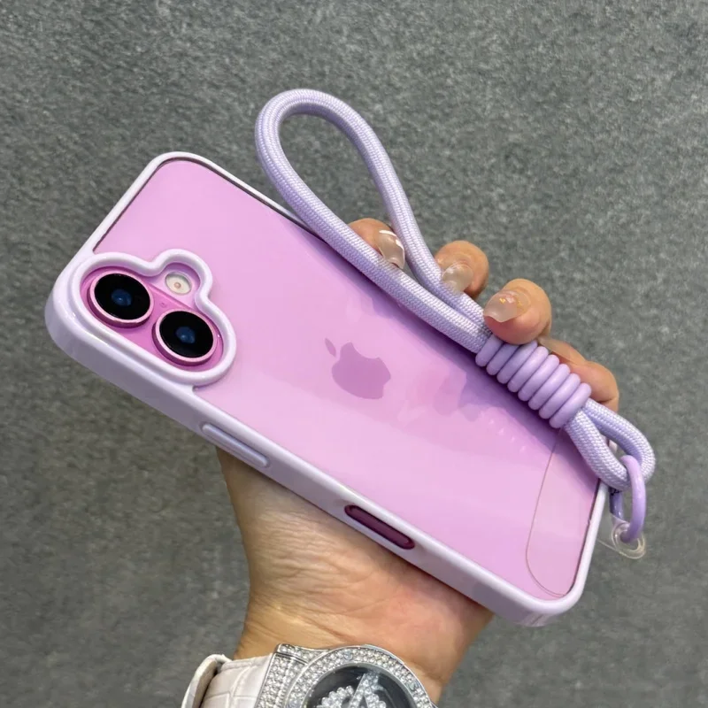 Luxury Candy Color Bumper With Lanyard Phone Case For iPhone 17 16 15 14 13 12 11 Pro Max Plus Clear Acrylic Shockproof Cover