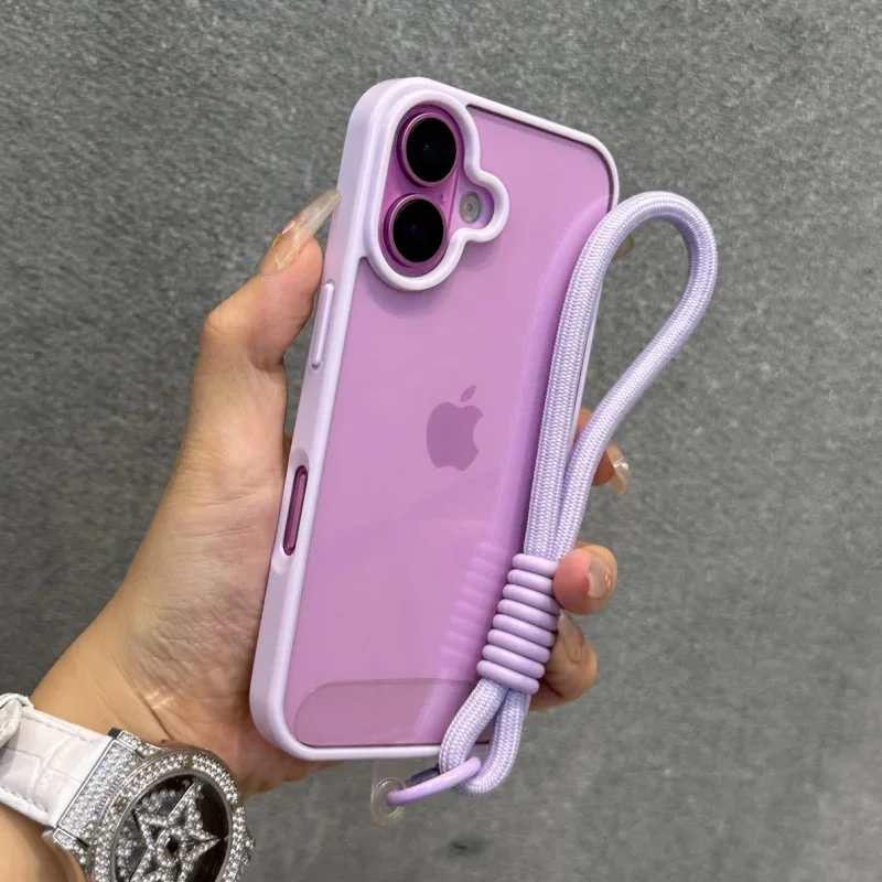 Luxury Candy Color Bumper With Lanyard Phone Case For iPhone 17 16 15 14 13 12 11 Pro Max Plus Clear Acrylic Shockproof Cover