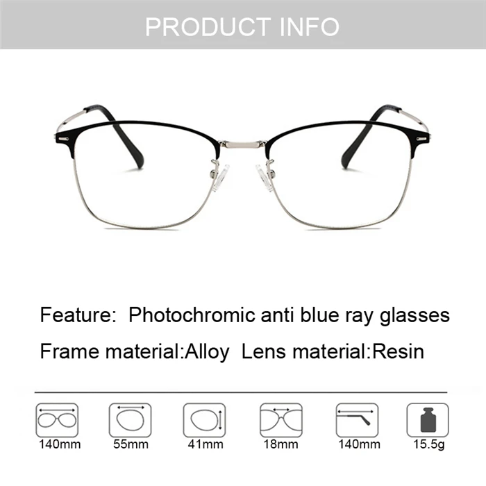 Sun Photochromic Lens Square Nearsighted Glasses Anti-blue Light Computer Prescription Eyeglasses Diopter 0 -0.5 -1.0 To -4.0