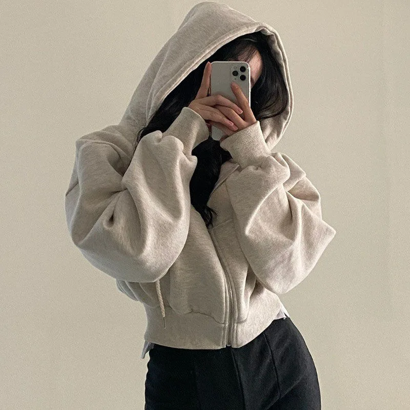 Autumn Winter Hooded Hoodies Women Casual Streetwear Zip Up Sweatshirts Long Sleeve Jackets Harajuku Y2K Crop Tops Hood Shirt