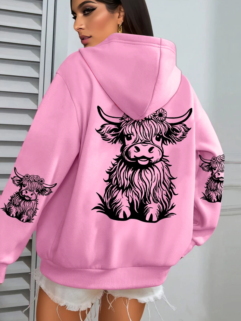 Cute Hair Cow Cartoon Printing Hoodies Womens Fleece Autumn Streetwear Comfortable Casual Hoodie Y2K Pocket All-Match Hoody
