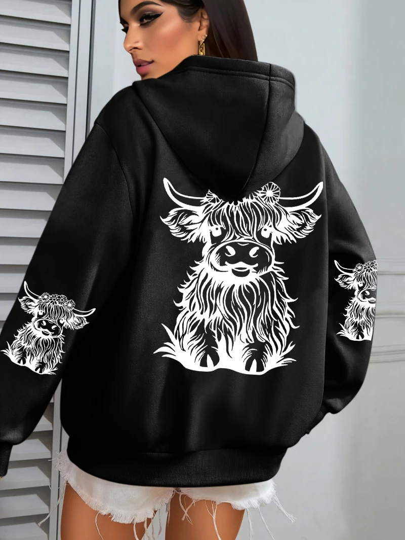 Cute Hair Cow Cartoon Printing Hoodies Womens Fleece Autumn Streetwear Comfortable Casual Hoodie Y2K Pocket All-Match Hoody