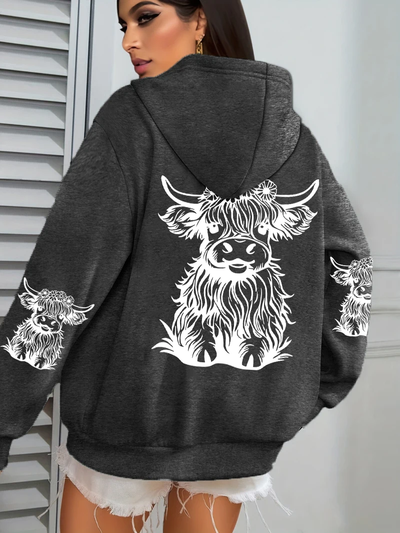 Cute Hair Cow Cartoon Printing Hoodies Womens Fleece Autumn Streetwear Comfortable Casual Hoodie Y2K Pocket All-Match Hoody