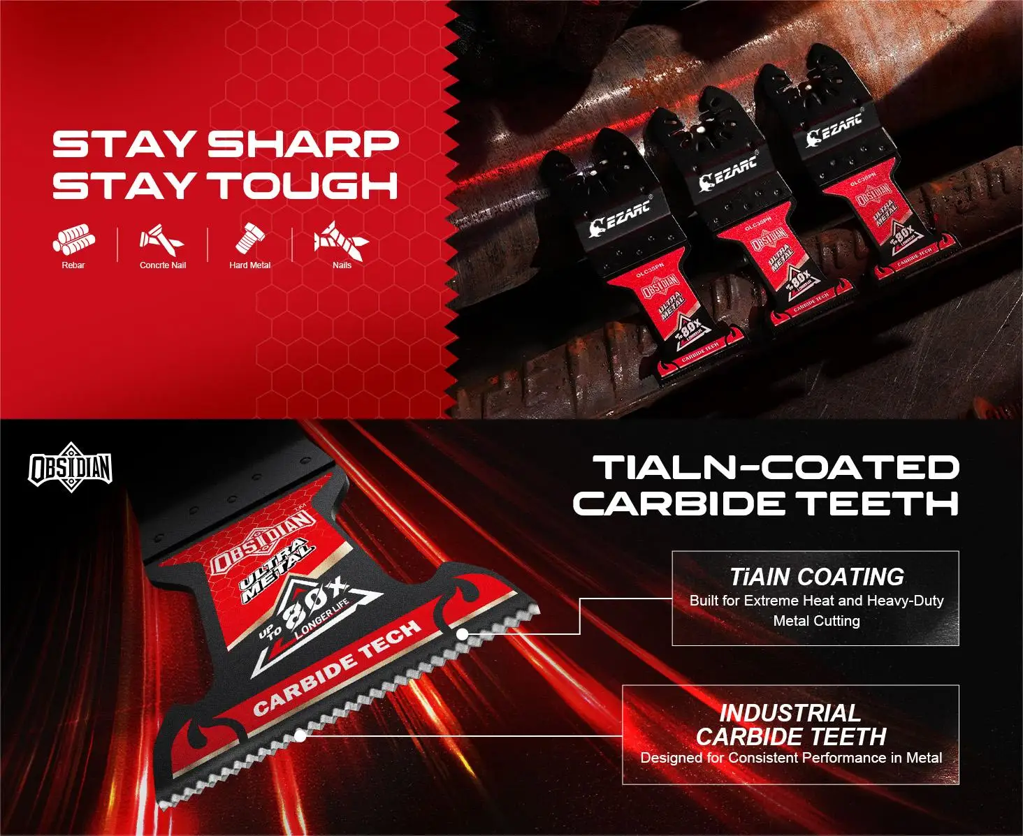 EZARC TiAlN Obsidian Carbide Oscillating Saw Blades (Pro), 3Pcs Oscillating Tool Blades for Hard Metal, Nails, Bolts & Screws