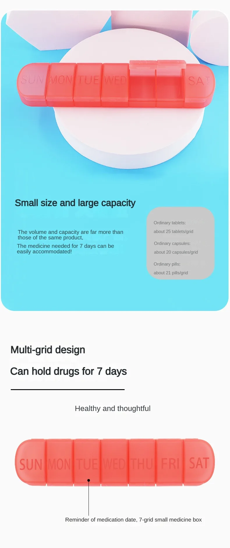 Weekly Medicine Pill's Box Pill Case Drug Dispense Mini Portable Pills Organizer Case 7 Grids PillBox Tablet Storage Container