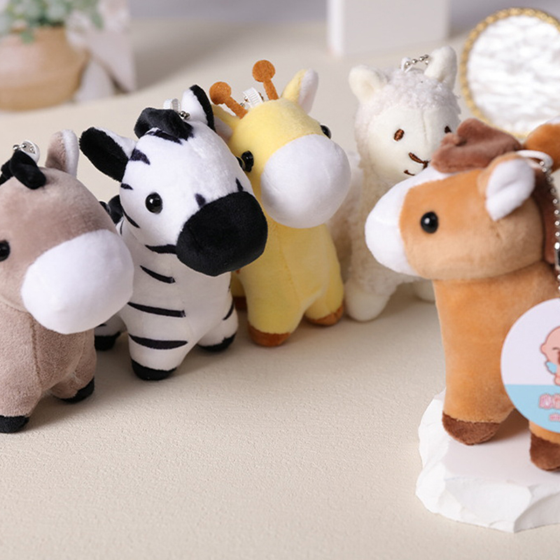 1Pc Lovely Cartoon Animal Brown Horse Alpaca Donkey Giraffe Zebra Soft Stuffed Small Doll Key Ring Pendant Birthday