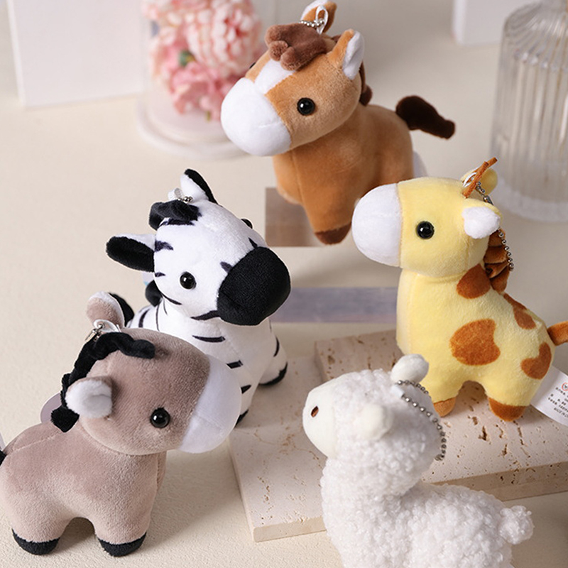 1Pc Lovely Cartoon Animal Brown Horse Alpaca Donkey Giraffe Zebra Soft Stuffed Small Doll Key Ring Pendant Birthday
