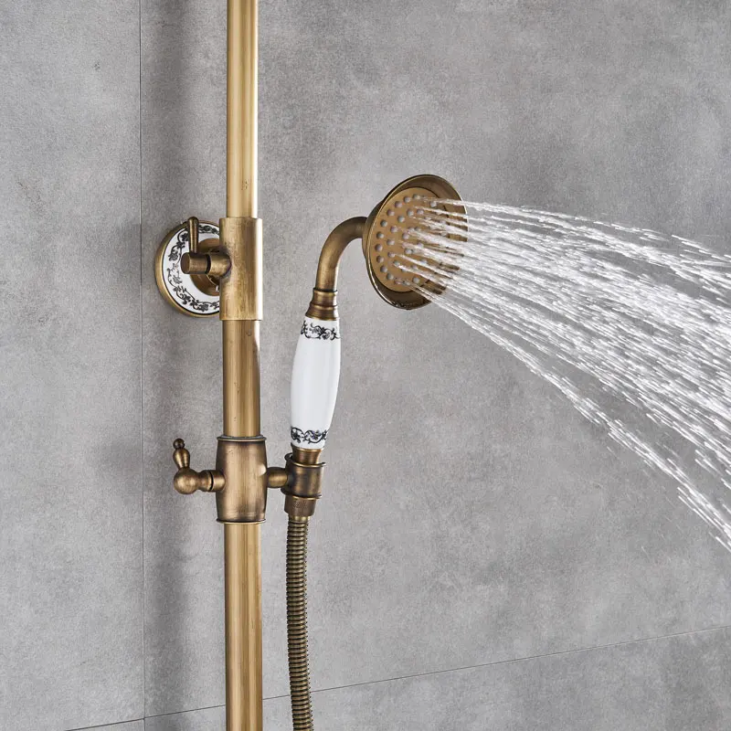 Classic Antique Brass Bathroom Shower Faucet Set Bathtub Shower Faucet Bath Shower Tap Rainfall Shower Head Swivel Watering