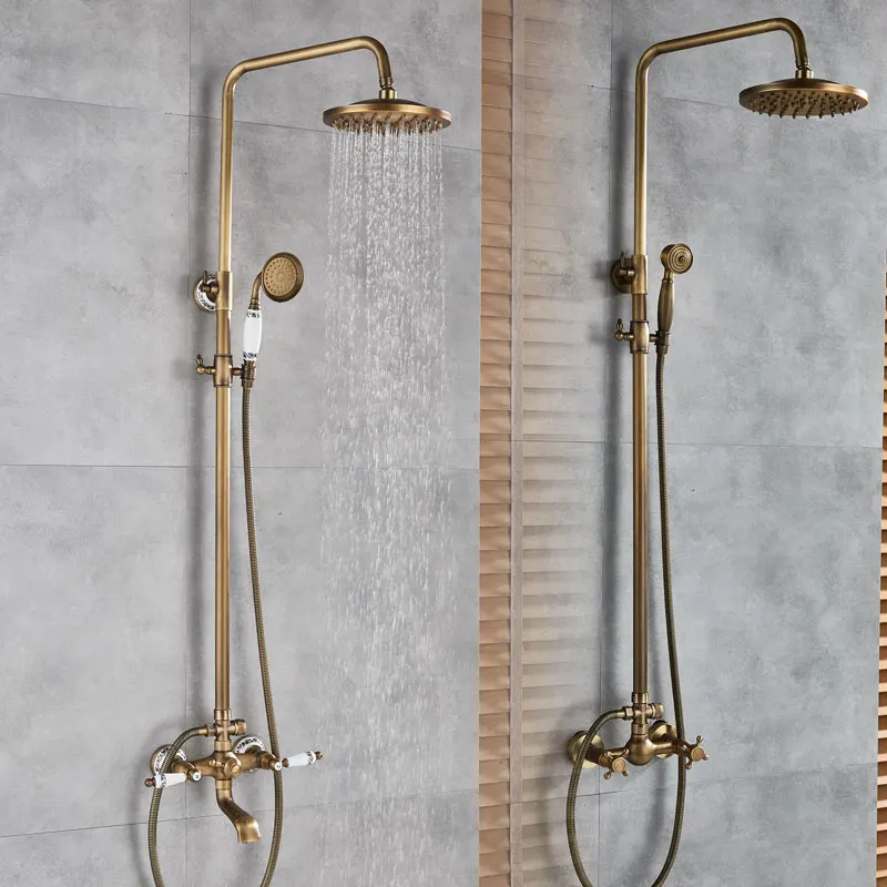 Classic Antique Brass Bathroom Shower Faucet Set Bathtub Shower Faucet Bath Shower Tap Rainfall Shower Head Swivel Watering