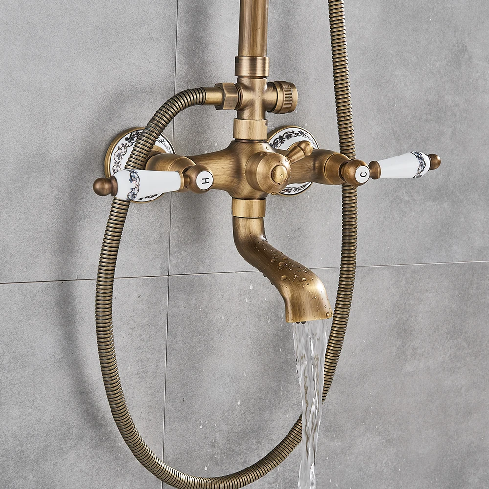 Classic Antique Brass Bathroom Shower Faucet Set Bathtub Shower Faucet Bath Shower Tap Rainfall Shower Head Swivel Watering