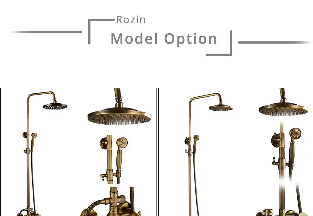 Rozin Brass Antique Bathroom Shower Faucet Set Wall Mount Dual Handle with Handshower + Shelf Brass Bathroom Shower Mixer Tap