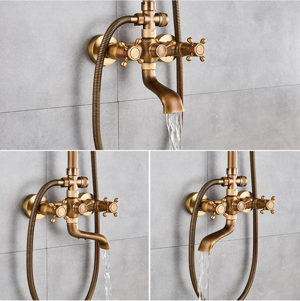Rozin Brass Antique Bathroom Shower Faucet Set Wall Mount Dual Handle with Handshower + Shelf Brass Bathroom Shower Mixer Tap