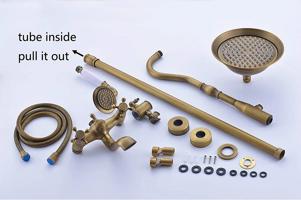 Rozin Brass Antique Bathroom Shower Faucet Set Wall Mount Dual Handle with Handshower + Shelf Brass Bathroom Shower Mixer Tap