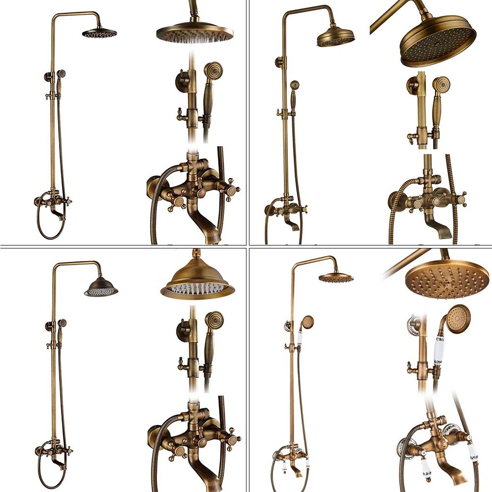 Rozin Brass Antique Bathroom Shower Faucet Set Wall Mount Dual Handle with Handshower + Shelf Brass Bathroom Shower Mixer Tap
