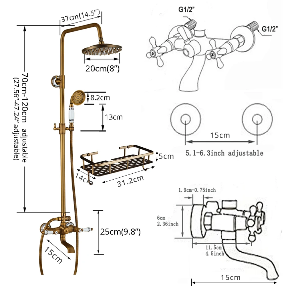 Rozin Brass Antique Bathroom Shower Faucet Set Wall Mount Dual Handle with Handshower + Shelf Brass Bathroom Shower Mixer Tap