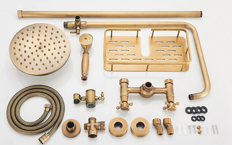 Rozin Brass Antique Bathroom Shower Faucet Set Wall Mount Dual Handle with Handshower + Shelf Brass Bathroom Shower Mixer Tap