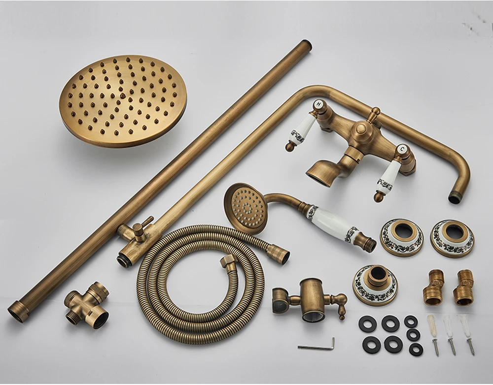 Rozin Brass Antique Bathroom Shower Faucet Set Wall Mount Dual Handle with Handshower + Shelf Brass Bathroom Shower Mixer Tap
