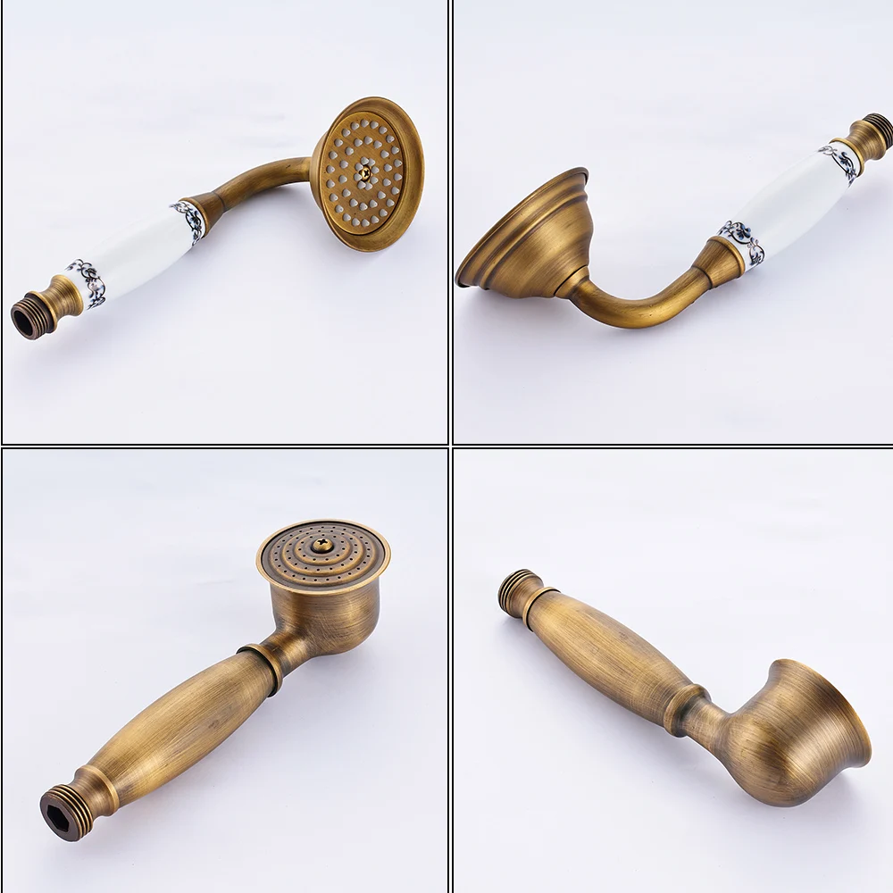 Rozin Brass Antique Bathroom Shower Faucet Set Wall Mount Dual Handle with Handshower + Shelf Brass Bathroom Shower Mixer Tap