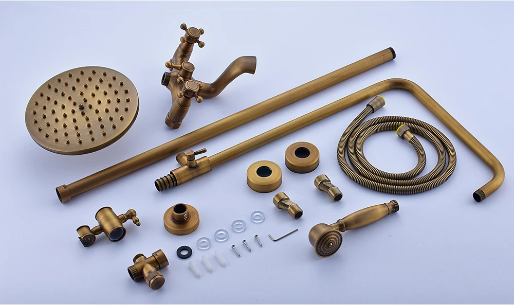Rozin Brass Antique Bathroom Shower Faucet Set Wall Mount Dual Handle with Handshower + Shelf Brass Bathroom Shower Mixer Tap