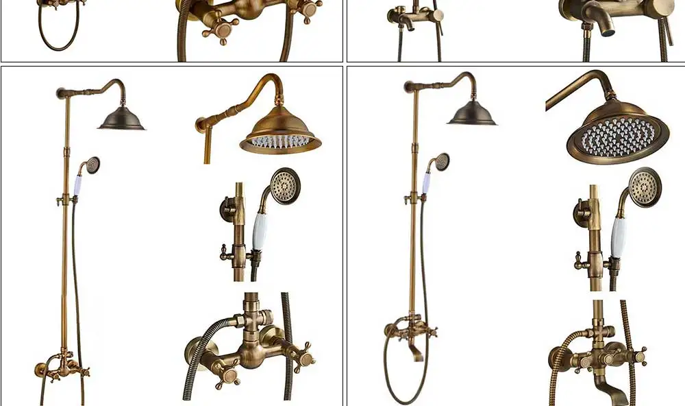Rozin Brass Antique Bathroom Shower Faucet Set Wall Mount Dual Handle with Handshower + Shelf Brass Bathroom Shower Mixer Tap