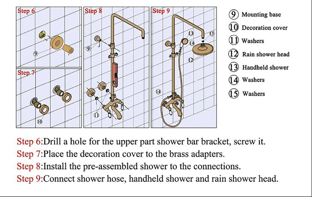 Rozin Brass Antique Bathroom Shower Faucet Set Wall Mount Dual Handle with Handshower + Shelf Brass Bathroom Shower Mixer Tap