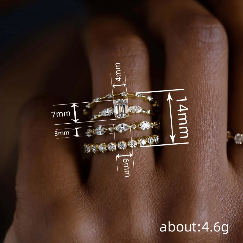 Huitan 4Pcs Rings for Women Gold Color Luxury Wedding Set Jewelry Brilliant Geometric Cubic Zircon New Trendy Female Accessories