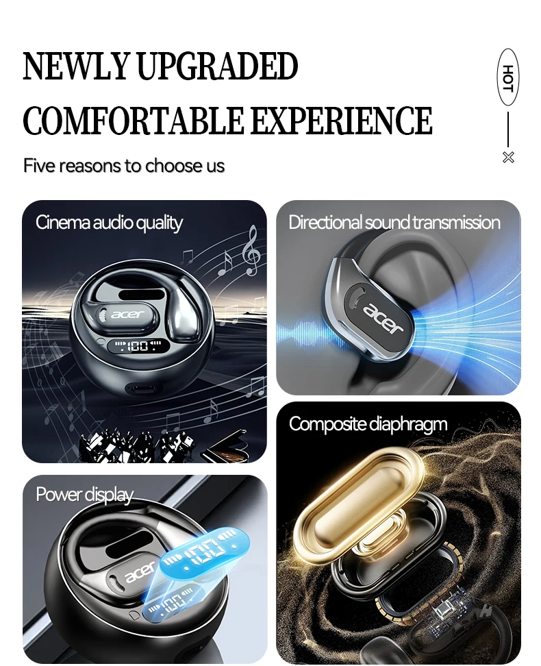 [Official Acer Product] Ohr510 Wireless Bluetooth Headphones Open-Ear Design Comfortable for Wearing Sports Running Fitness Compatible with Mobile Phones Tablets Laptops Multi-Device Compatibility