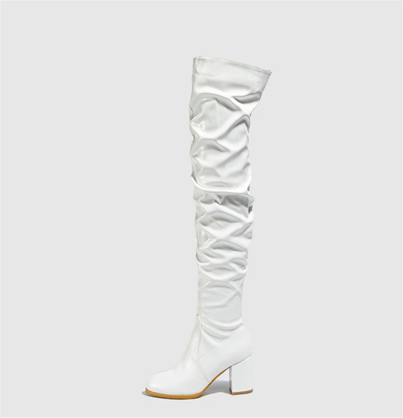 Hlieny 2026 Winter New Thigh High Boots Fashion Patent Leather Round Toe Zip Female Square Heels Pleated Design Women's Shoes