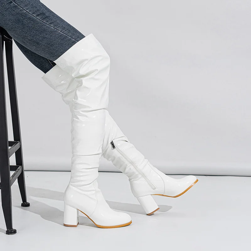 Hlieny 2026 Winter New Thigh High Boots Fashion Patent Leather Round Toe Zip Female Square Heels Pleated Design Women's Shoes
