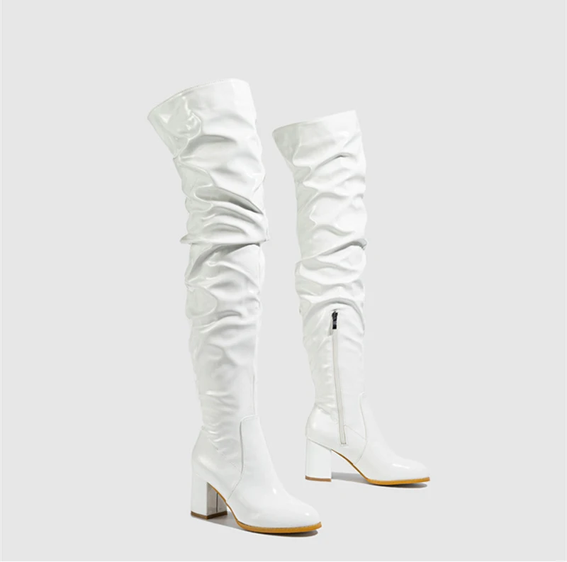 Hlieny 2026 Winter New Thigh High Boots Fashion Patent Leather Round Toe Zip Female Square Heels Pleated Design Women's Shoes