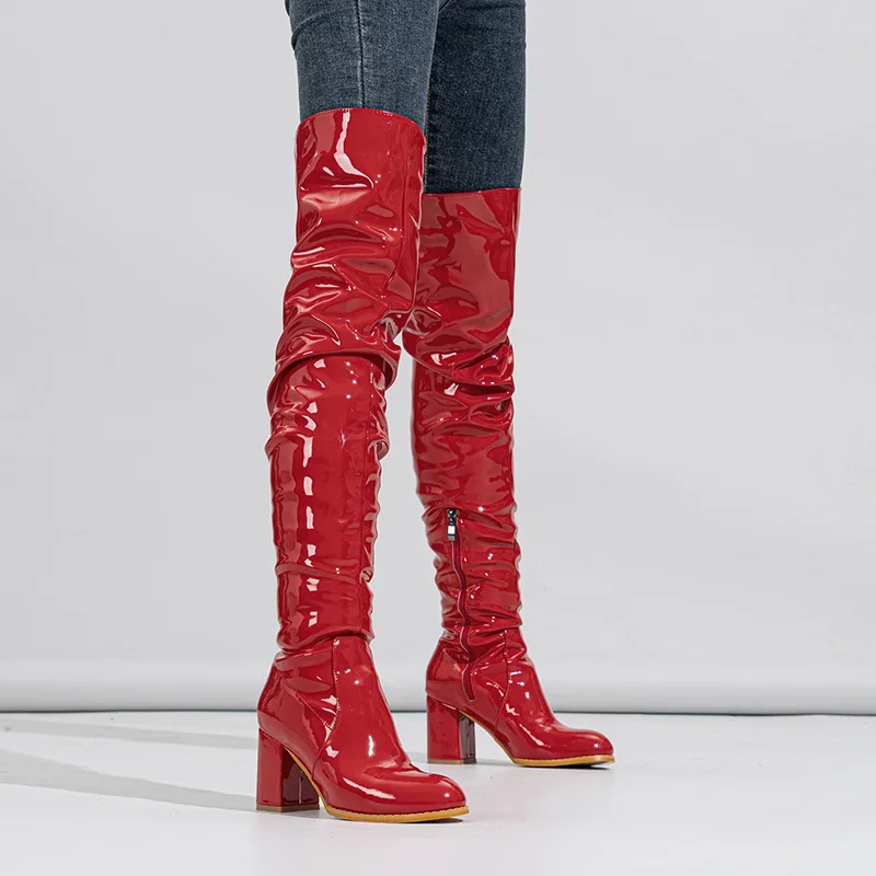 Hlieny 2026 Winter New Thigh High Boots Fashion Patent Leather Round Toe Zip Female Square Heels Pleated Design Women's Shoes