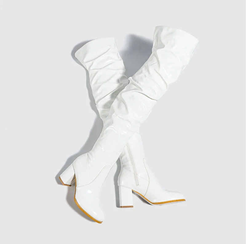 Hlieny 2026 Winter New Thigh High Boots Fashion Patent Leather Round Toe Zip Female Square Heels Pleated Design Women's Shoes