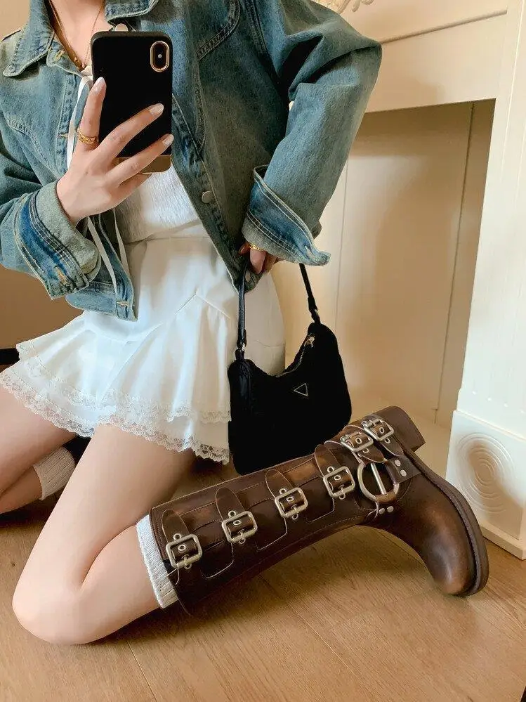 Metal Buckle Square Toe Knee High Boots Women Black PU Leather Punk Long Boots Woman Autumn 2025 Chunky Heels Motorcycle Booties