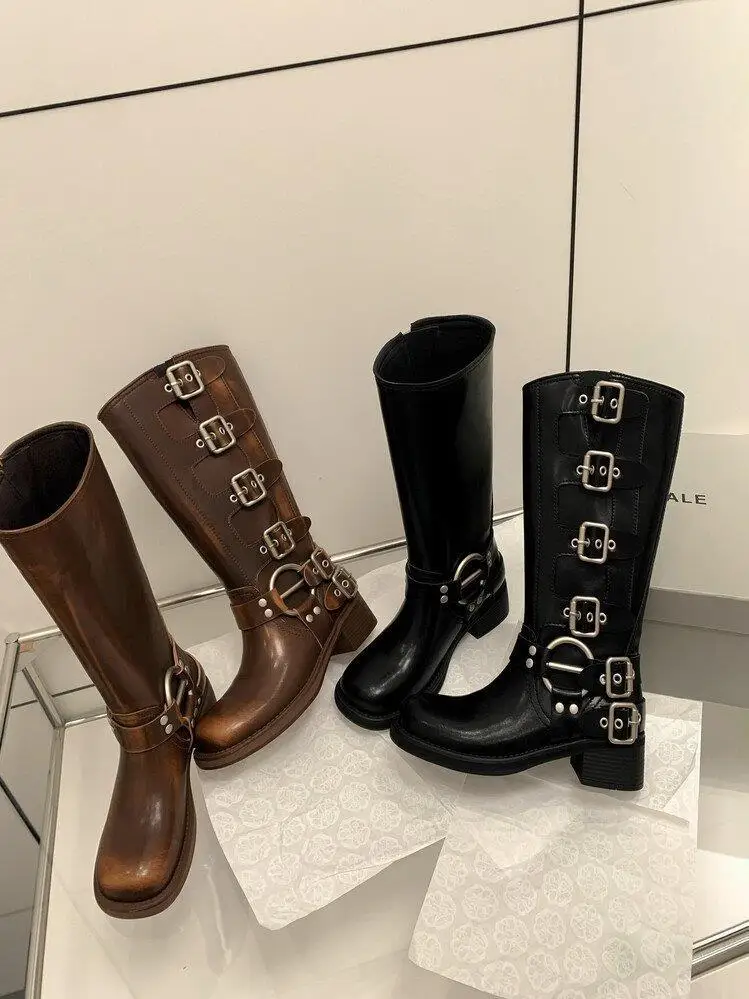 Metal Buckle Square Toe Knee High Boots Women Black PU Leather Punk Long Boots Woman Autumn 2025 Chunky Heels Motorcycle Booties