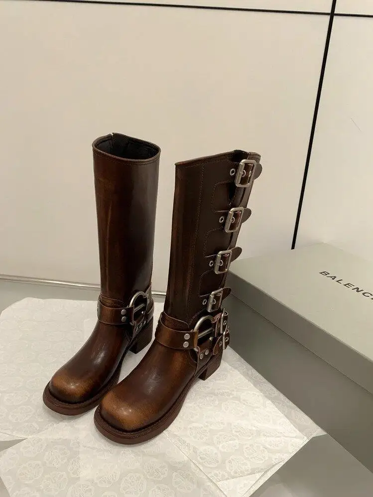 Metal Buckle Square Toe Knee High Boots Women Black PU Leather Punk Long Boots Woman Autumn 2025 Chunky Heels Motorcycle Booties