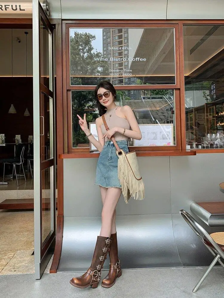 Metal Buckle Square Toe Knee High Boots Women Black PU Leather Punk Long Boots Woman Autumn 2025 Chunky Heels Motorcycle Booties