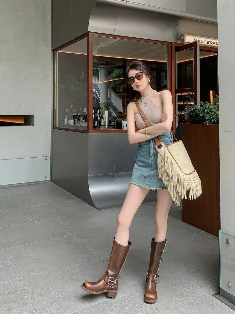 Metal Buckle Square Toe Knee High Boots Women Black PU Leather Punk Long Boots Woman Autumn 2025 Chunky Heels Motorcycle Booties