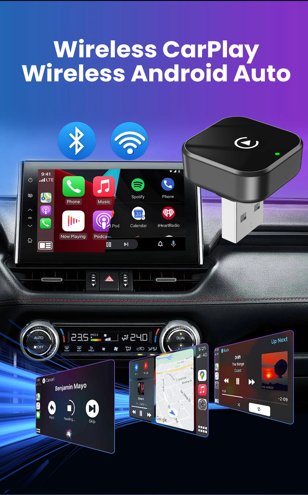 2026 2in 1 Wireless CarPlay Dongle Wireless Android Auto Adapter AI Smart Box 5Ghz WiFi Type-C/USB Plug and Play Car Accessories