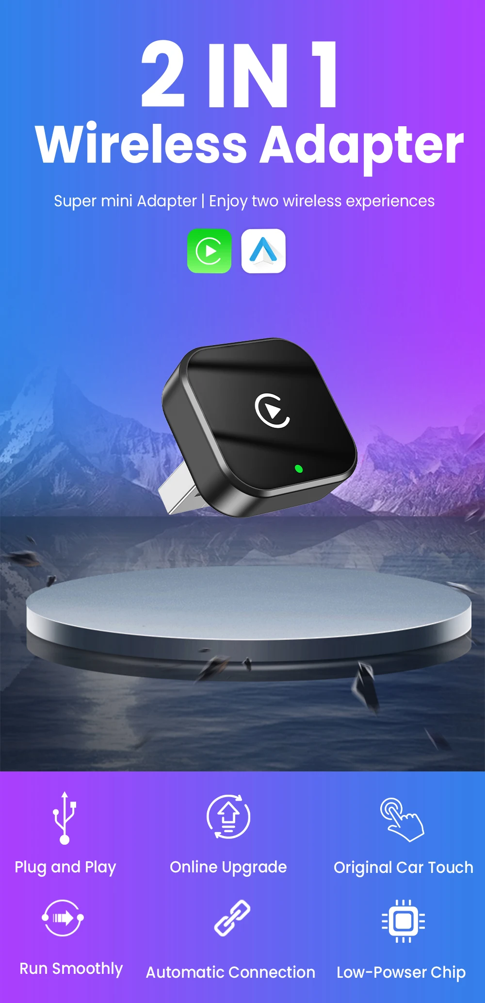 2026 2in 1 Wireless CarPlay Dongle Wireless Android Auto Adapter AI Smart Box 5Ghz WiFi Type-C/USB Plug and Play Car Accessories