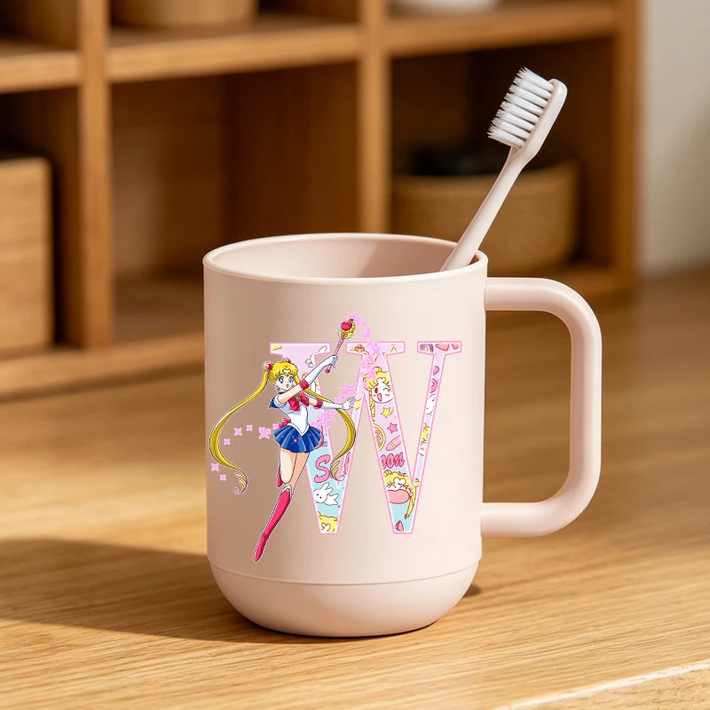 Sailor Moons Toothbrush Cup Girls Kawaii Letter A-Z Gargle Mug Women Travel Portable Water Cups Kids Bathroom Accessories Gift