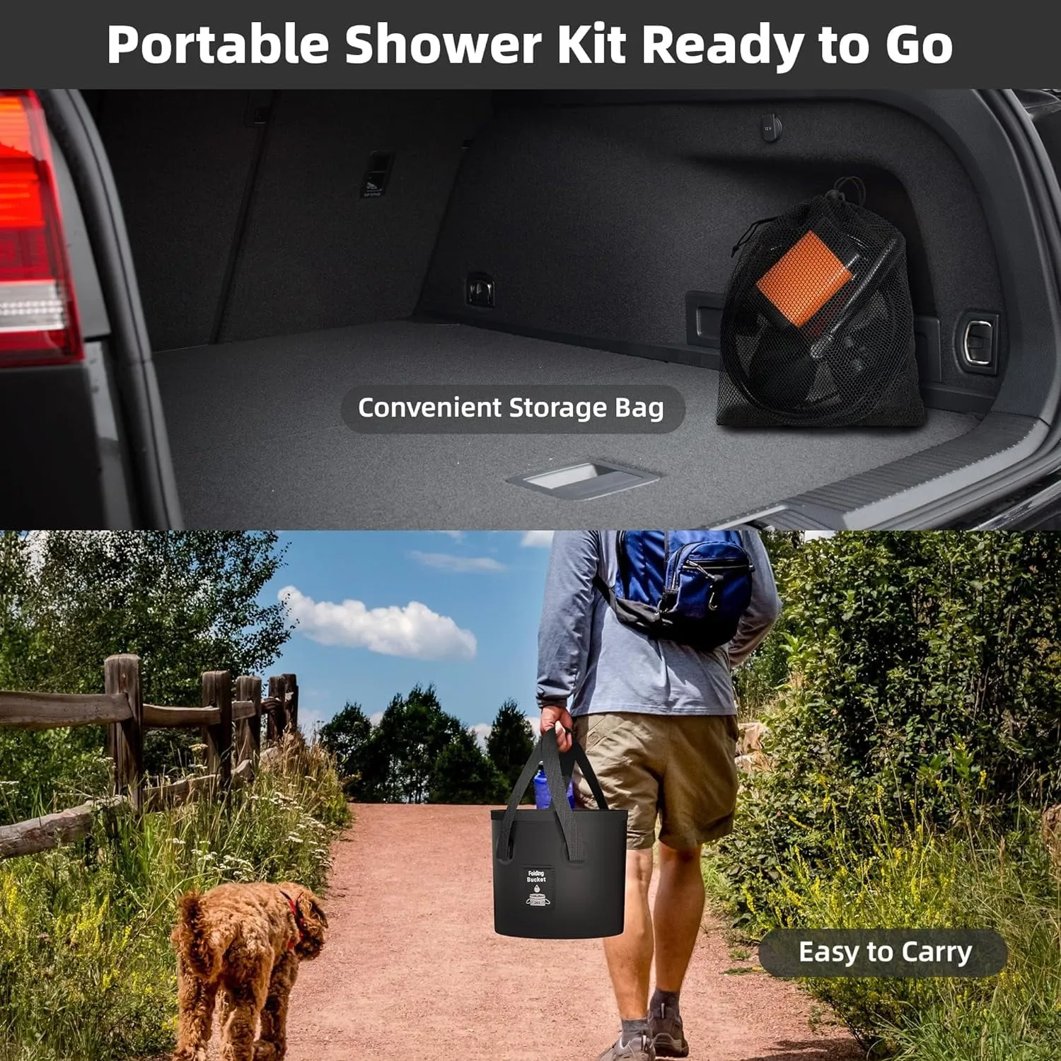Upgrade 6000mAh Rechargeable Portable Camping Shower, 5 Gallon Collapsible Bucket, LED Display, Multiple Spray Modes, Hiking