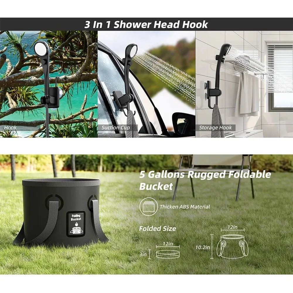 Upgrade 6000mAh Rechargeable Portable Camping Shower, 5 Gallon Collapsible Bucket, LED Display, Multiple Spray Modes, Hiking