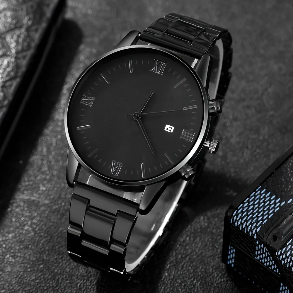4-piece/set men's black minimalist quartz watch set with bracelet, necklace, and ring -