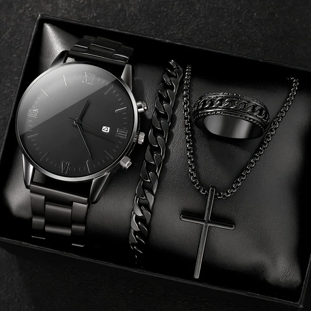 4-piece/set men's black minimalist quartz watch set with bracelet, necklace, and ring -