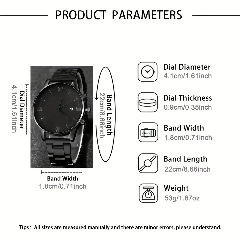 4-piece/set men's black minimalist quartz watch set with bracelet, necklace, and ring -